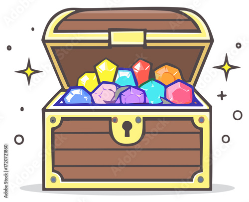 Cartoon illustration of an open wooden treasure chest full of sparkling colorful gems and jewels