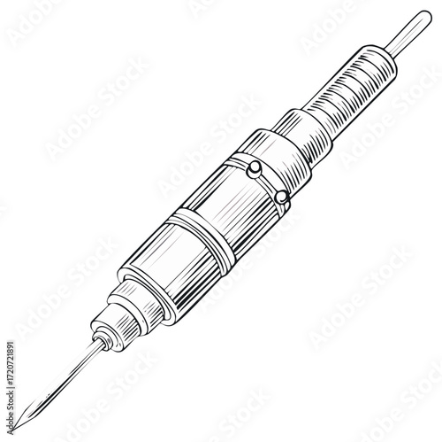 Detailed illustration of a fine pointed instrument with a ribbed handle and metallic body