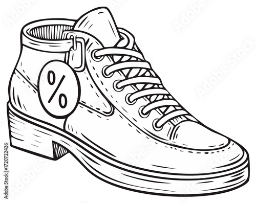 Fashionable lace-up shoe or boot with a prominent percentage discount tag, vector illustration.