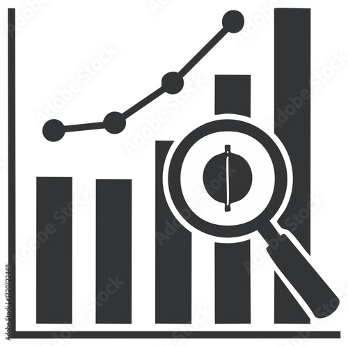 Business growth chart with magnifying glass and currency symbol for financial analysis