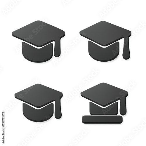 Four black graduation caps with different perspectives, representing education and achievement.