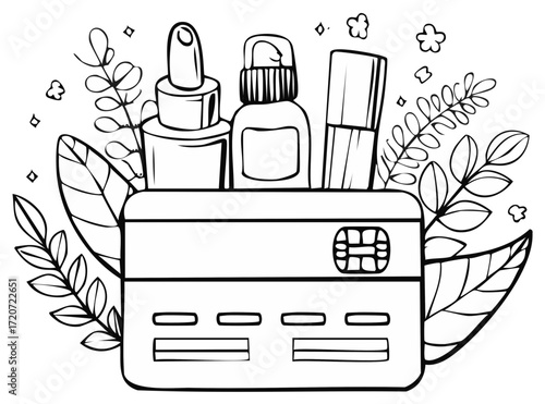 Credit Card With Beauty Products and Floral Elements Outline