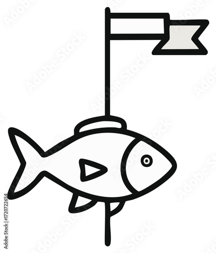 Vector line icon of a successful fish catch speared on a pole with a flag