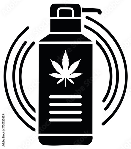 Cannabis bottle with stylized leaf design and curved lines