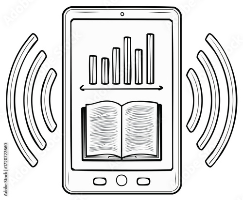 Tablet screen with a book, chart, and signal waves. Illustration.