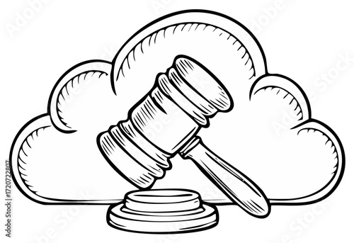 Cloud computing with courtroom gavel offers a legal solution for online or digital crime and copyright infringements