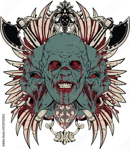 Three Headed Zombie Heraldry T-Shirt Design