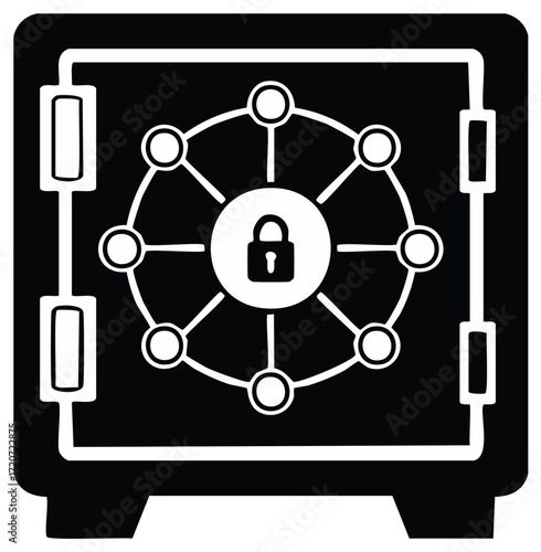 Safeguard concept illustration of a secure vault and a network diagram with a lock in the middle