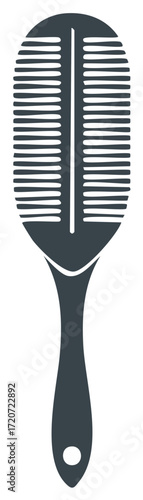 Stylized dark grey graphic of a hairbrush with a simple rounded top and a long handle