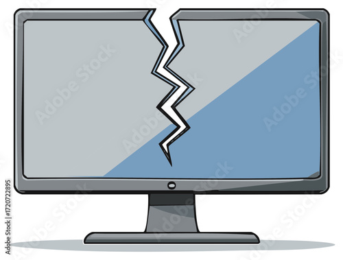 Cartoon illustration of a cracked computer monitor screen, broken technology