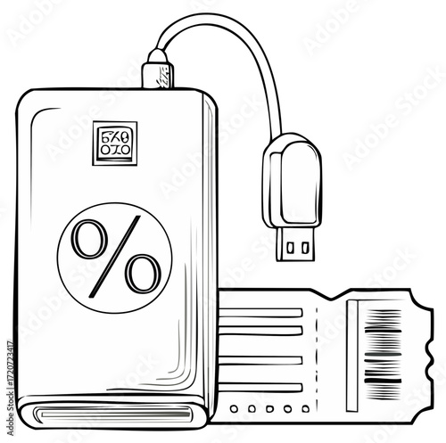 Sketchy illustration of a power bank, USB cable, and ticket