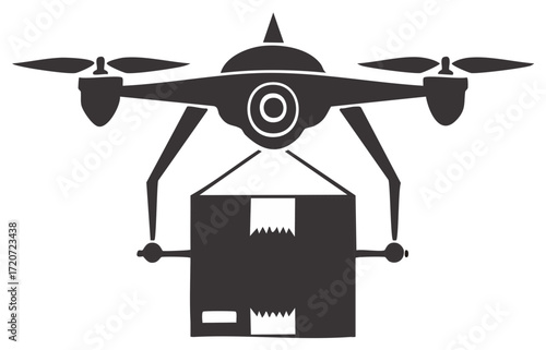 Delivery drone carrying a cardboard box overhead for fast shipping service concept illustration