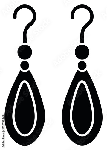 Stylized black earrings with teardrop design and question mark hooks.