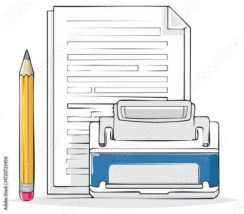 Hand-drawn illustration of a pencil, paperwork, and a stapler on a white background