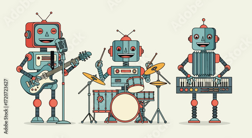 Cartoon Style Robots Playing Music Instruments in a Band Performance Illustration