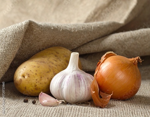 Rustic harvest still life with garlic onion potato