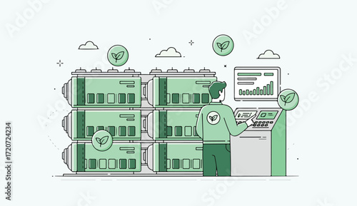 An illustrated person monitors a green energy system, analyzing data on a screen.