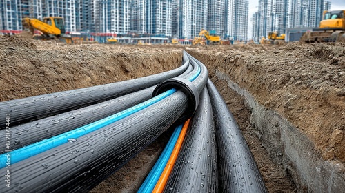 Pipes are laid in a trench with construction equipment and buildings behind.