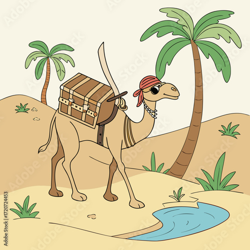 Vector art of a cartoon camel with a treasure chest and sword, wearing a pirate bandana, stands in a desert oasis with palm trees
