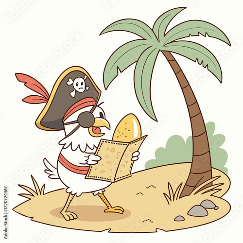 Vector art of a cartoon chicken pirate is standing on a desert island under a palm tree, holding a treasure map and a golden egg, he is wearing an eye patch