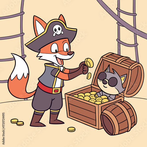 Vector art of a cartoon fox pirate is sharing his treasure with a raccoon pirate in a treasure chest on a ship, with gold coins scattered around, creating a playful and adventurous scene