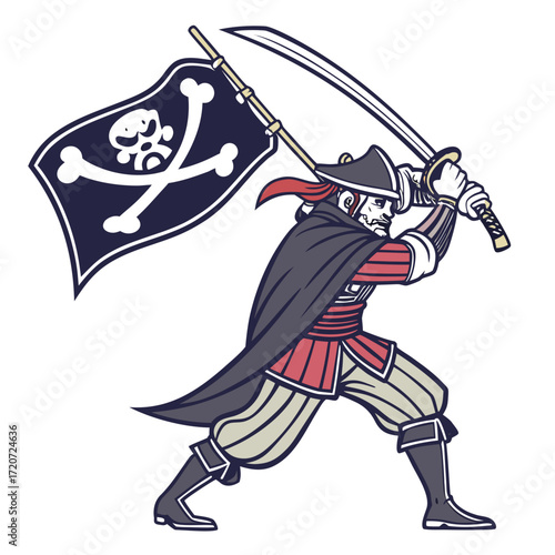 Vector art of a cartoon pirate holding a sword and a jolly roger flag, wearing a hat, cape, and striped pants, with a skull and crossbones on the flag