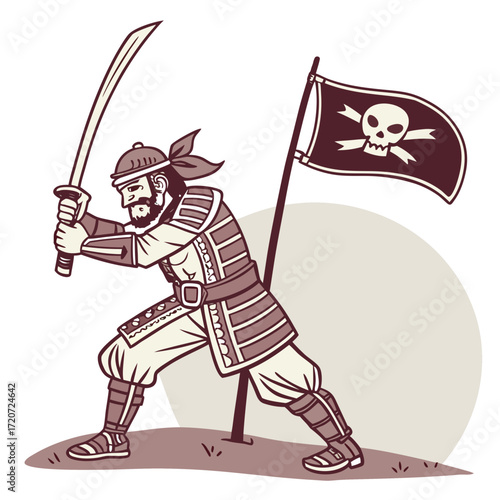 Vector art of a cartoon pirate holding a sword and a jolly roger flag, wearing a hat and armor, with a skull and crossbones on the flag