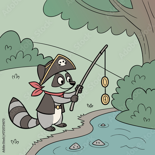 Vector art of a cartoon raccoon pirate fishing for gold coins in a river, wearing a pirate hat with a skull and crossbones emblem, with trees and bushes in the background