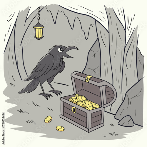 Vector art of a cartoon raven stands guard over a treasure chest full of gold coins in a dark cave, illuminated by a hanging lantern, creating a whimsical and adventurous scene