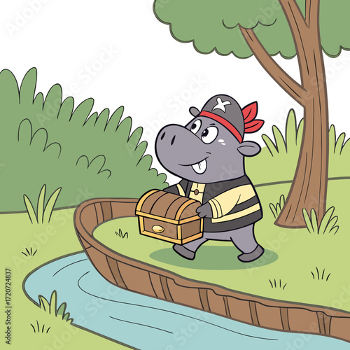 Vector art of a charming cartoon illustration showcases a hippopotamus pirate, complete with a pirate hat and treasure chest, set against a backdrop of lush greenery and a winding stream