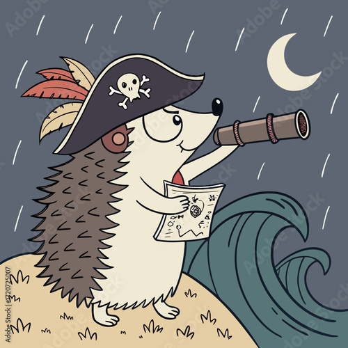Vector art of a charming illustration of a hedgehog pirate standing on an island under the moonlight, holding a treasure map and a spyglass, with waves crashing nearby, creating a sense of mystery