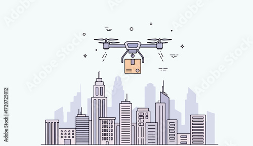 Drone delivery service over a modern cityscape, carrying a package.