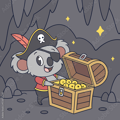 Vector art of a cute koala pirate discovers a treasure chest filled with gold coins in a mysterious cave, his eye patch adding to his adventurous charm