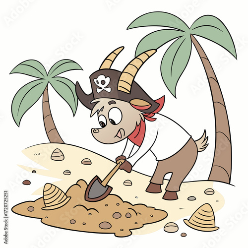 Vector art of a cute goat pirate digging for treasure on a tropical island, wearing a pirate hat with a skull and crossbones, searching for gold, with palm trees
