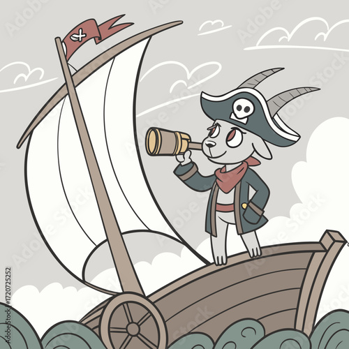 Vector art of a cute goat pirate with a telescope on a ship, sailing the high seas, searching for treasure, with a skull and crossbones flag, and a pirate hat