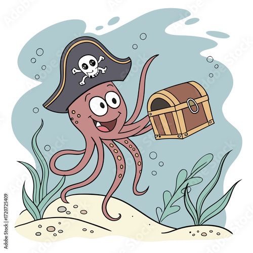 Vector art of a delightful illustration shows an octopus pirate holding a treasure chest underwater, surrounded by seaweed and bubbles, , creating a whimsical scene