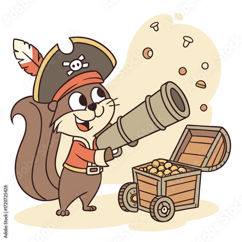 Vector art of a delightful cartoon illustration of a squirrel pirate holding a spyglass next to a treasure chest full of gold coins