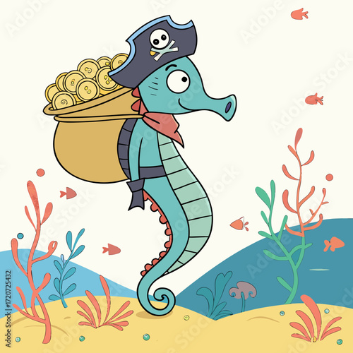 Vector art of a delightful cartoon seahorse dressed as a pirate, carrying a sack of gold coins underwater, surrounded by coral and fish
