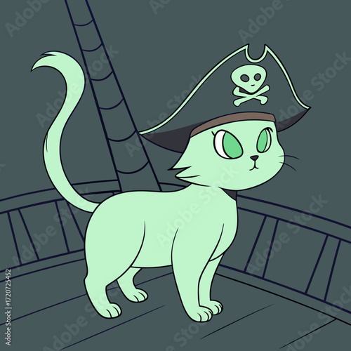 Vector art of a ghostly green cat dressed as a pirate stands on the deck of a ship, ready for adventure, the cat is ready to sail the seven seas