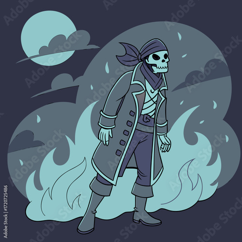 Vector art of a ghostly skeleton pirate stands amidst fiery flames under the moonlight, his skeletal frame illuminated against the dark night, creating a haunting and surreal scene