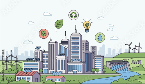 Illustration depicting a sustainable city with eco-friendly elements, promoting green energy.