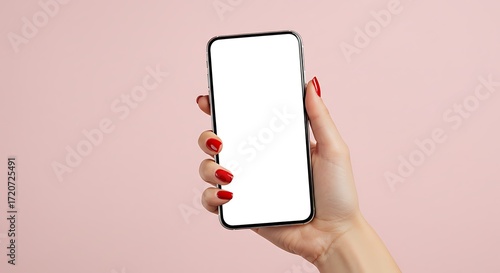 Elegant woman holding modern smartphone with blank screen, perfect for app promotion or mobile website showcase with stylish red nails
