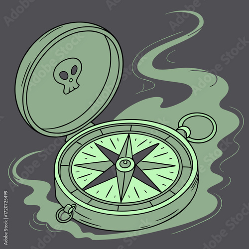 Vector art of a glowing pirate compass with a skull emblem emits ghostly smoke, guiding adventurers through treacherous seas and towards hidden treasures in the unknown