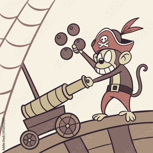 Vector art of a playful cartoon of a pirate monkey firing a cannon on a ship deck, juggling cannonballs, with a pirate hat and mischievous grin, creating a fun and adventurous scene