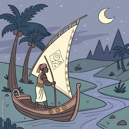 Vector art of a serene night scene unfolds as an egyptian man navigates a traditional boat along a tranquil river, guided by the gentle glow of the moon, with palm trees and mountains
