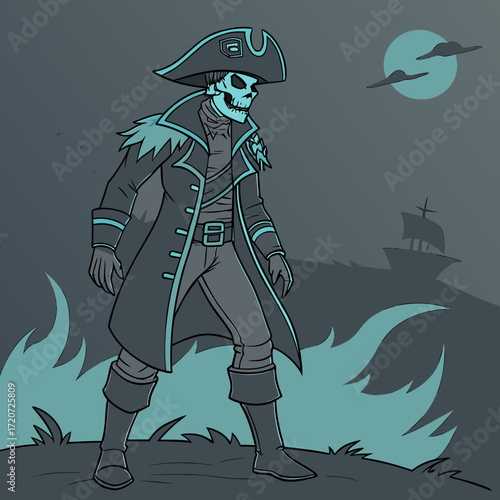 Vector art of a spooky skeleton pirate captain stands guard on a fiery shore under the moonlight, with a ghostly ship sailing in the distance, creating a chilling and eerie scene