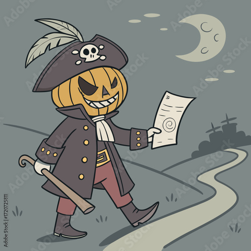 Vector art of a spooky pumpkinheaded pirate strolls along a moonlit path, clutching a mysterious scroll, with a ghostly ship in the distance, embodying a halloween adventure