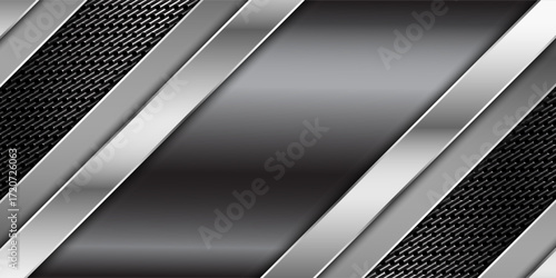 Abstract metallic background with diagonal silver stripes and dark textured panels, creating a modern industrial design.