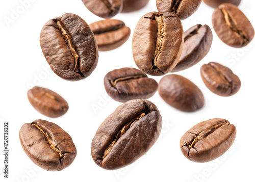 Falling Roasted Coffee Beans on a White Background