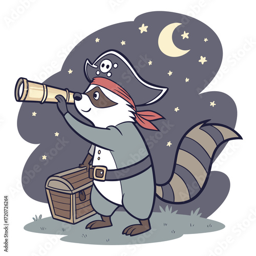 Vector art of a whimsical cartoon raccoon pirate stands on a grassy hill under a moonlit night sky, peering through a telescope with a treasure chest nearby